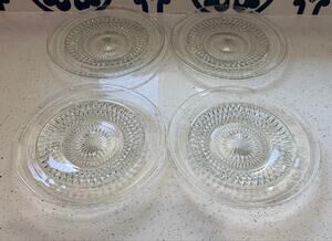 Vintage Clear Glass Diamond Point / Starburst Dinner Plates 10” Set of 4